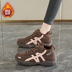 冬季高帮老爹鞋女加绒加厚保暖拼色条纹厚底增高系带运动鞋